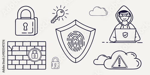 Cybersecurity concept with padlock, shield, fingerprint, and hacker