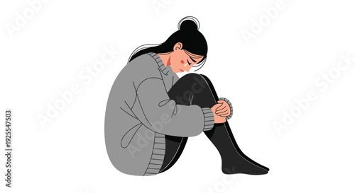 A woman with her hair in a bun sits curled up on the ground while hugging her knees and crying with a visible tear on a white background.