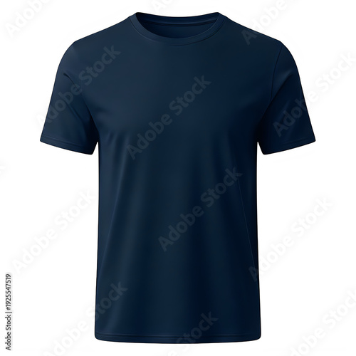 A short sleeved navy blue t-shirt on a white background