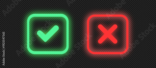 Neon checkmark icons, glowing check buttons, glossy glass signs. Green tick and red X symbol with glow effect vector illustration