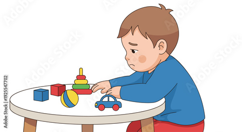 A sad young boy with brown hair sitting at a round white table with colorful wooden blocks a ball and a toy car.