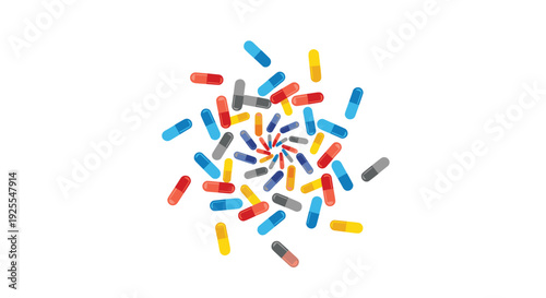 A variety of colorful pharmaceutical capsules arranged in a swirling spiral pattern against a solid white background.