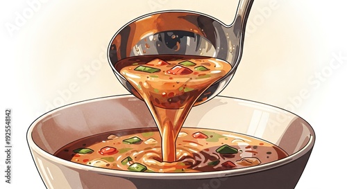 Soup being served from ladle into bowl with colorful ingredients  