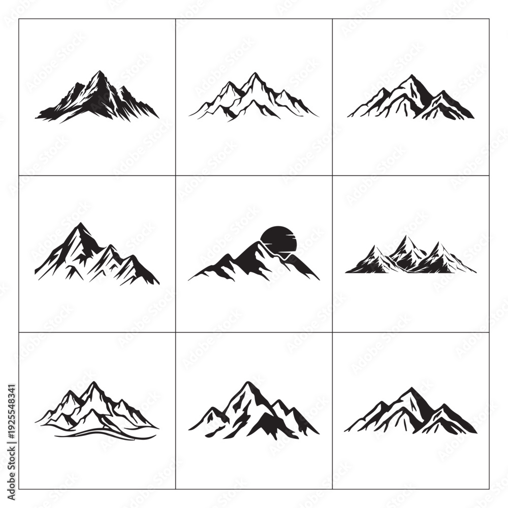 Fototapeta premium Bold Black Mountain Peak Silhouette Icon Collection Set