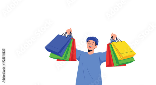 A happy man wearing a blue cap and shirt holding several colorful shopping bags in both hands on a white background.
