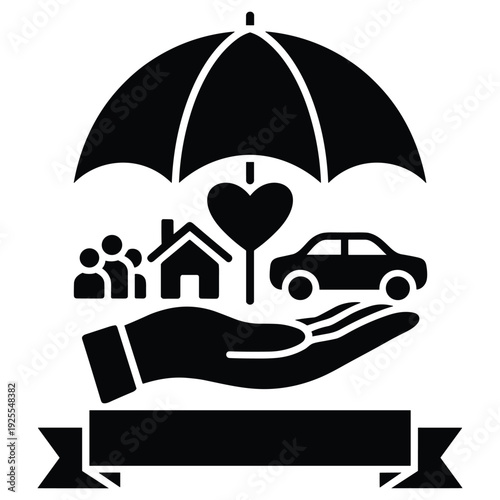 Insurance concept with umbrella covering family home and car