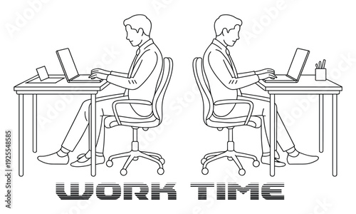 Two men working on laptops at their desks in an office setting