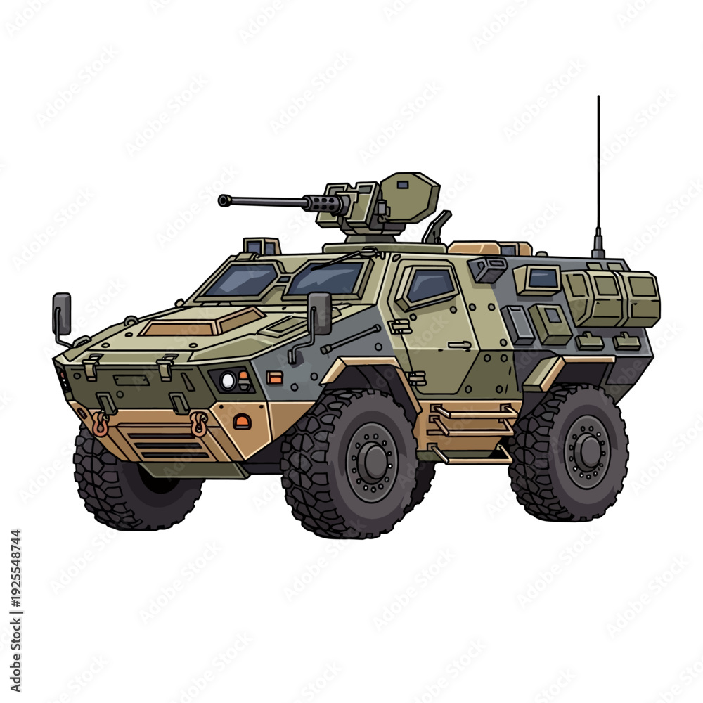 Fototapeta premium Armored Military Vehicle, Wheeled Combat Car with Machine Gun Turret, Army Transport
