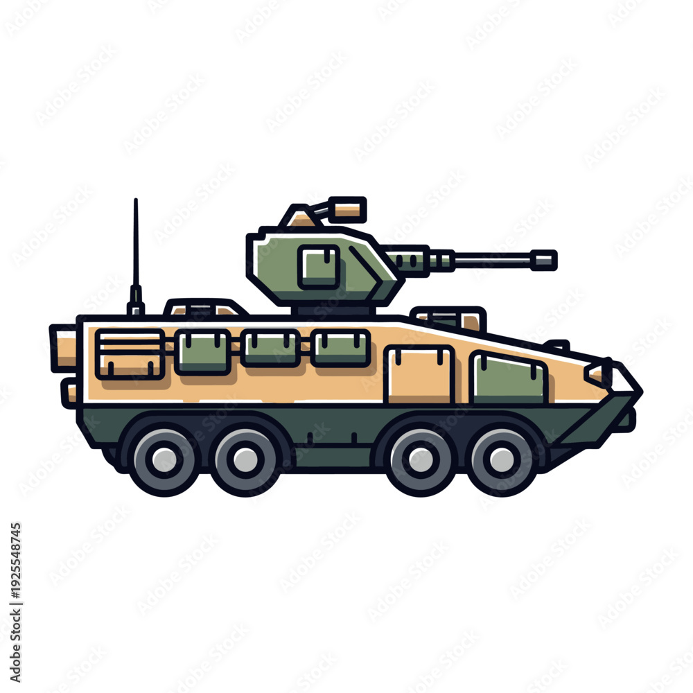 Fototapeta premium Armored Personnel Carrier Illustration: Military Vehicle with Cannon, Camouflage Colors