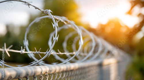 Prison wall with concertina wire under sunlight for security blogs, awareness campaigns, social justice articles, legal discussions, defocused fence, with copy space