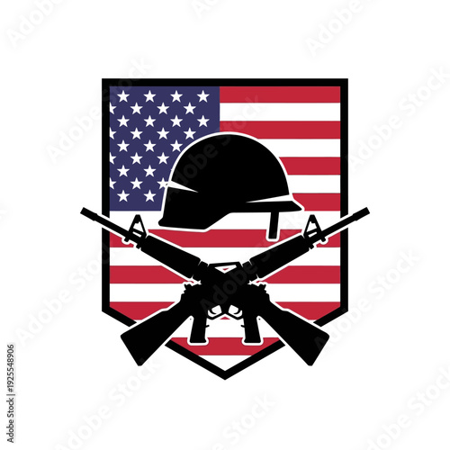 American Military Emblem: Helmet, Rifles, and US Flag Shield
