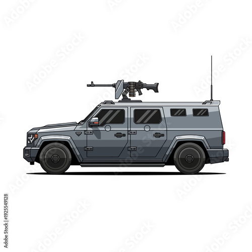 Armored Military Vehicle with Machine Gun on Roof, Tactical Transport, Security Forces