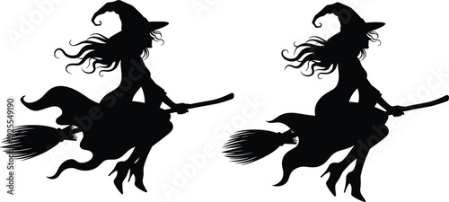 Set of 2 Silhouette Witch Illustrations on Brooms for Halloween, Fantasy, and Magical Design Themes