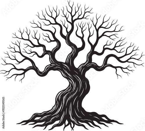 Black vector illustration of a detailed leafless gnarled tree with a twisted trunk spreading branches and visible roots for nature and spooky designs