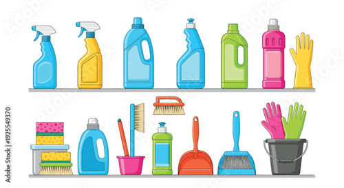 A collection of various colorful cleaning supplies including spray bottles, brushes, sponges, and gloves are arranged on two grey shelves.