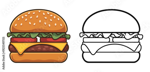 Cartoon burger and line art burger vector illustration set, burger with cheese, tomatoes, and lettuce icon