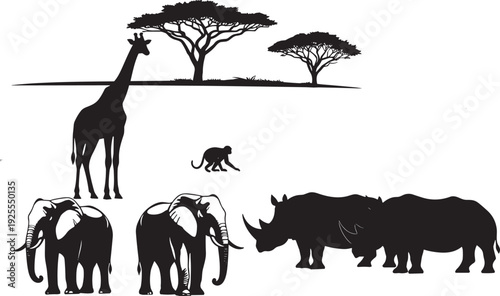 Black vector illustration set of African safari animals including elephants a giraffe rhinoceros and monkey with acacia trees for wildlife and nature designs