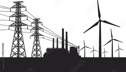 Black vector illustration of an industrial power plant with smoking chimneys high voltage electricity towers and wind turbines for energy infrastructure designs