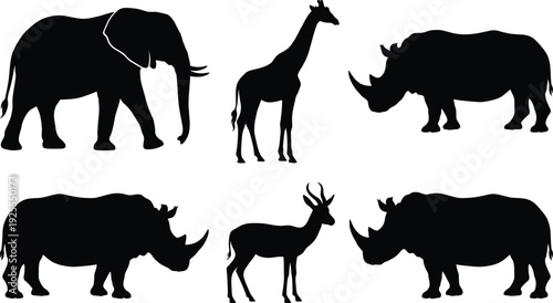 Wildlife animal silhouette set, elephant giraffe rhinoceros antelope vector illustration isolated on white background safari collection design