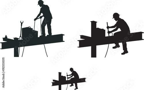 Black vector illustration set of construction ironworker silhouettes working on steel beams for industrial building engineering and high altitude structural steel projects