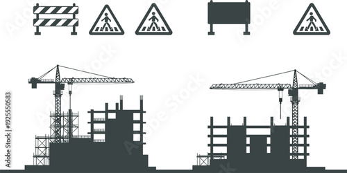 Black vector illustration set of construction site silhouettes with cranes unfinished buildings and road safety signs for urban development and engineering projects