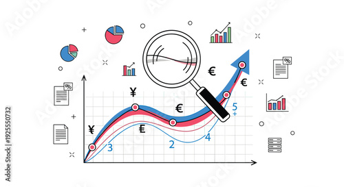 A magnifying glass focuses on a rising blue and red line graph surrounded by various financial icons like pie charts and currency symbols.