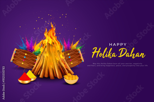 Happy Holika Dahan Vector Illustration with Bonfire, Dhol Drums and Gulal Colors on Purple Background