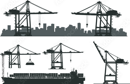 Black vector illustration set of heavy port cranes industrial cargo ships and city skyline silhouettes for shipping logistics and international maritime trade