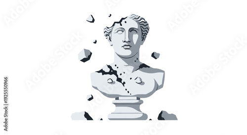 A grey stone bust of a classical woman sits on a pedestal with several broken fragments floating in the air around its cracked surface.