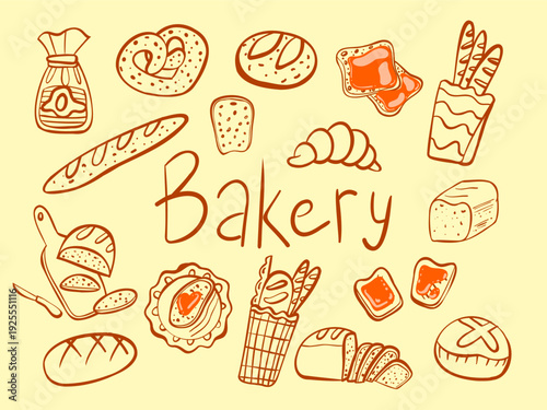 Set of 16 vector illustrations of bread, rolls and flour products. Bakery hand-drawn brown linear sketch collection. Linework doodles breakfast in the cafe stickers for menus and signage.
