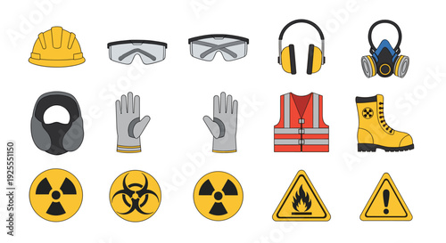A grid of fifteen safety equipment icons including a hard hat, goggles, gloves, and hazard symbols is displayed on a light beige background.