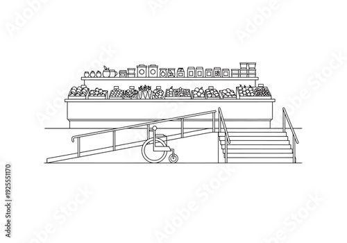 Accessible Shopping Aisle Display of Groceries with Ramp and Stairs for Inclusivity and Easy Navigation in a Retail Environment