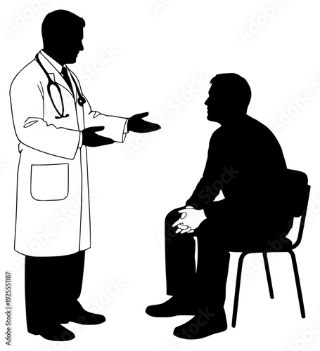 te of a doctor talking to a seated patient, black, chair, coat, conversation, doctor, hand, illustration, lab coat, man, patient, profile, sit, stethoscope, stool, talk, against transparent background