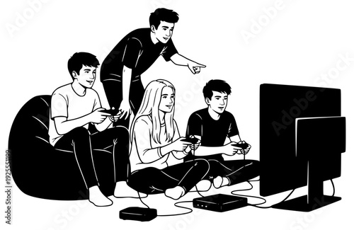 video games together, sitting on a bean bag chair in front of a television, armchair, floor, illustration, man, person, play, remote, sit, television, video game, woman, against transparent background