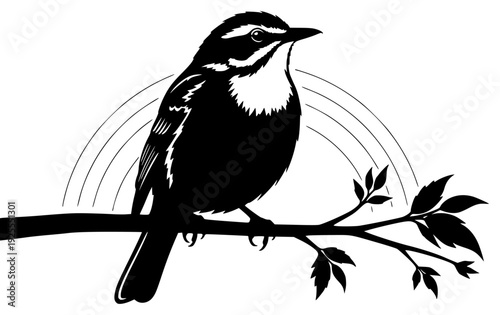 ck and white silhouette of a bird perched on a branch with a rainbow in the background, bird, black, branch, illustration, perch, profile, sit, tree branch, twig, white, against transparent background