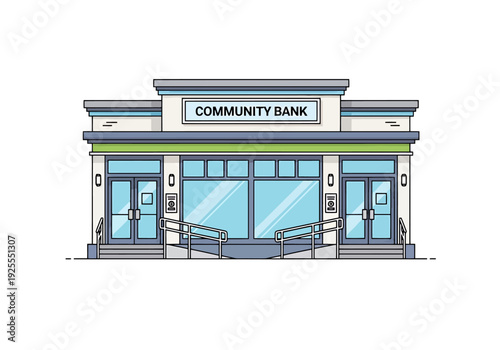 Exterior frontal view of a stylized community bank building with large glass windows and entrance doors in an urban setting clean design concept for