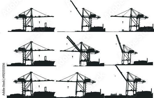 Black vector illustration set of industrial port gantry cranes loading international cargo ships for maritime logistics global trade and harbor infrastructure design projects