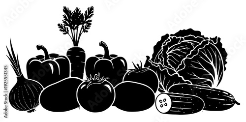 ration of various vegetables, beet, black, cabbage, carrot, daikon, food, fruit, illustration, lettuce, onion, pepper, potato, produce, squash, turnip, vegetable, white, against transparent background