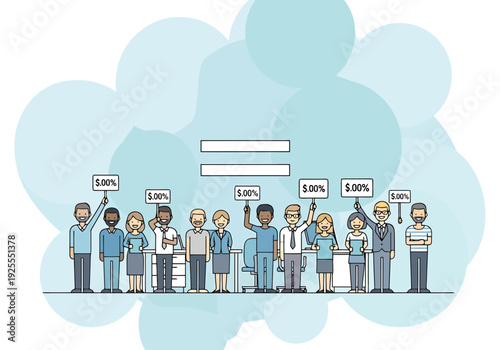 Diverse group of people stand together holding signs showing percentages and a large equality symbol in the background representing fairness and