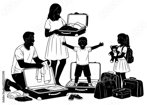 A black and white illustration of a family packing their luggage together, black, child, family, floor, girl, illustration, luggage, man, person, stand, woman, against transparent background