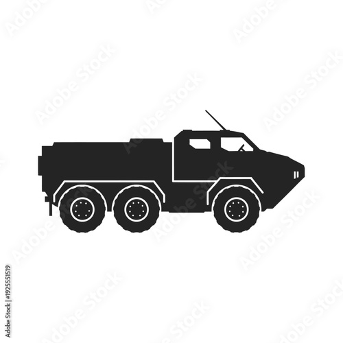 Black silhouette of an armored military truck with six wheels on a white background