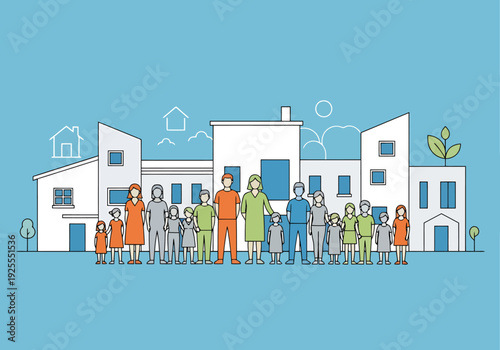 Diverse Community Of People Standing In Front Of Modern Residential Buildings Representing Neighborhood Unity And Togetherness Concept