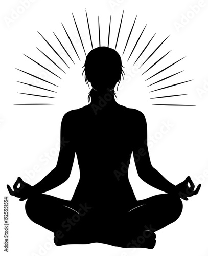 A silhouette of a person meditating in a lotus position with a sunburst behind them, black, floor, illustration, meditation, profile, ray, sit, woman, yoga, against transparent background