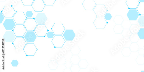 Molecular structure abstract tech background. Geometric blue background. Vector banner design with hexagons. Science network pattern, connecting lines and dots Medical background, Vector illustration	