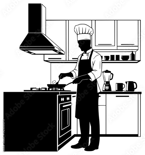  apron, black, chef, cook, exhaust hood, food, frying pan, home appliance, illustration, kitchen, kitchen counter, kitchen hood, kitchenware, man, profile, stand, stove, against transparent background