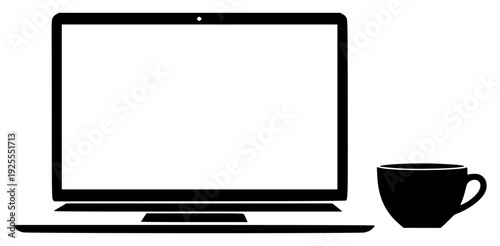 p computer with a blank screen and a cup of coffee, black, coffee, coffee cup, computer, computer monitor, computer screen, cup, icon, laptop, mug, profile, screen, sit, against transparent background