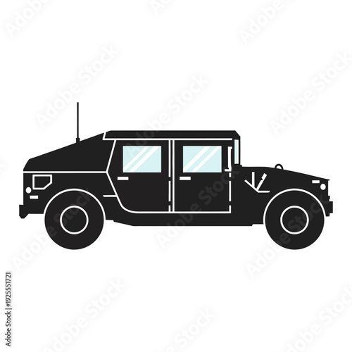 Black Humvee military vehicle silhouette, side view, isolated on white background