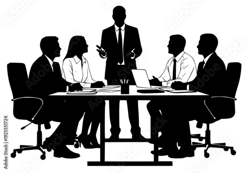 ness people sitting around a conference table in a meeting room, business team, businessman, man, meeting, office, person, profile, round table, sit, stand, table, talk, against transparent background