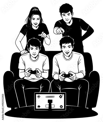  playing video games in a living room setting, armchair, black, couch, family, game, game controller, illustration, joystick, man, person, play, remote, sit, video game, against transparent background