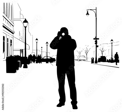 A silhouette of a man taking a photo with a camera on a city street, man, person, phone, photo, profile, stand, take, talk, against transparent background